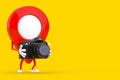 Red Map Pointer Target Pin Character Mascot with Modern Digital Photo Camera. 3d Rendering Royalty Free Stock Photo