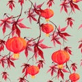 Red maple branch with paper lantern. Chinese holiday seamless pattern. Watercolor