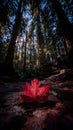 Red maple leaf lying on the ground in a coniferous forest Royalty Free Stock Photo