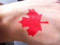 Red maple leaf tattoo sticker on man hand.  body skin male prepare for Canada day Festival. red leaf symbol of canada. human model Royalty Free Stock Photo