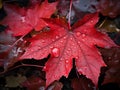 Red maple leaf with water drops close-up. Autumn background. Made with Generative AI Royalty Free Stock Photo