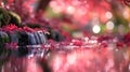Red Maple Leaves Fall on Pond Waterfall in Autumn Garden Royalty Free Stock Photo