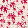 Red maple leaves with hand written text. Seamless pattern. Watercolor