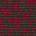 Red maple leaves with handwritten text. Seamless mysterious pattern. Watercolor