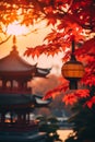 Red maple leaves and japanese Pagoda at autumnal sunset. Generative AI Royalty Free Stock Photo