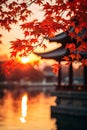 Red maple leaves and japanese Pagoda at autumnal sunset. Generative AI Royalty Free Stock Photo