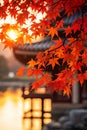 Red maple leaves and japanese Pagoda at autumnal sunset. Generative AI Royalty Free Stock Photo