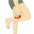 Red marked calf muscle pain of standing man, illustration on white background