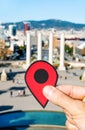Red marker at Montjuic Hill in Barcelona, Spain Royalty Free Stock Photo