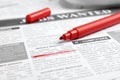 Marker on newspaper. Job search concept Royalty Free Stock Photo