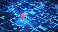 Red marker pinpointing a location on an isometric GPS tracking map. Abstract digital art background. Generative AI