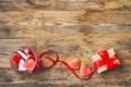 Red marmalade candy shape heart in glass jar, gift box