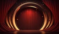 Red Maroon Golden Curtain Stage Award Background. Trophy on Red Carpet Luxury Background. Generative ai