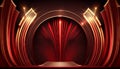 Red Maroon Golden Curtain Stage Award Background. Trophy on Red Carpet Luxury Background. Generative ai