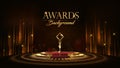 Red Maroon Golden Curtain Stage Award Background. Trophy on Round Red Carpet Luxury Background. Modern Abstract Design Template.