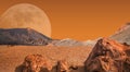 Red Mars planet with arid landscape, rocky hills, mountains and a giant moon at the horizon. Exploration and science fiction Royalty Free Stock Photo