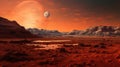 Red Martian desert. Fantastic alien landscape of another planet with mountains, red earth, fantastic sky with a huge Royalty Free Stock Photo