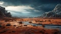 Red Martian desert. Fantastic alien landscape of another planet with mountains, red earth, fantastic sky with moon Royalty Free Stock Photo