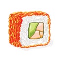 Red masago sushi roll cooked from capelin roe, avocado, red fish and boiled rice. Royalty Free Stock Photo