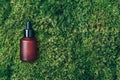 Red matt glass cosmetic bottle on green background, natural moss, grass. Skin care, organic body treatment, spa concept Royalty Free Stock Photo