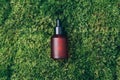 Red matt glass cosmetic bottle on green background, natural moss, grass. Skin care, organic body treatment, spa concept Royalty Free Stock Photo