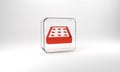 Red Mattress icon isolated on grey background. Padded comfortable sleeping bed mattress. Glass square button. 3d