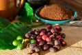 Red mature and dried organic arabica coffee beans, fresh ground coffee, bio coffee farm
