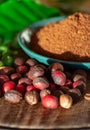 Red mature and dried organic arabica coffee beans, fresh ground coffee, bio coffee farm