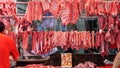 Red meat chop rows sell in Asian wet local market Royalty Free Stock Photo