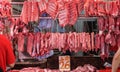 Red meat chop rows sell in Asian wet local market Royalty Free Stock Photo