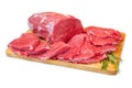 Red meat chunk and steak isolated over wood background