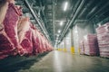 Red meat cuts hanging from hooks in a cold storage industrial warehouse Royalty Free Stock Photo