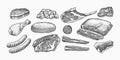 Red meat products. Veal beef, ribs, Bacon, jamon, mortadella, lamb beef Steak, pork sausage, chicken legs, sirloin Royalty Free Stock Photo