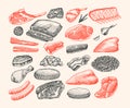 Red meat products. Veal beef, ribs, Bacon, jamon, mortadella, lamb beef Steak, pork sausage, chicken legs, sirloin