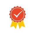 Red medal icon with yellow ribbons and check mark. Vector illustration. Royalty Free Stock Photo