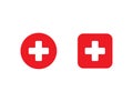 Red medical cross in circle and square. First aid sign. Hospital emblem. Emergency button. White plus icon in flat design. Royalty Free Stock Photo