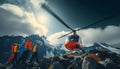 Red Medical Rescue helicopter landing in high altitude Himalayas mountains. High Himalayas expedition during mount climbing. Royalty Free Stock Photo