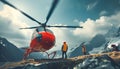 Red Medical Rescue helicopter landing in high altitude Himalayas mountains. High Himalayas expedition during mount climbing. Royalty Free Stock Photo