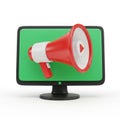 Red megaphone emerging from a computer screen with a vibrant green display isolated on white background Royalty Free Stock Photo