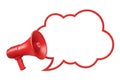 Red megaphone emitting a large, white cloud-shaped speech bubble against a white background Royalty Free Stock Photo