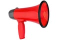 Red megaphone on white background isolated close-up, hand loudspeaker design, red loudhailer or speaking trumpet illustration