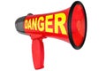 Red megaphone on white background isolated close up, word DANGER on loudhailer, loudspeaker icon, warning sign, alarm signal Royalty Free Stock Photo