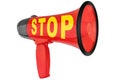 Red megaphone on white background isolated closeup, word stop on loudhailer, loudspeaker icon, warning sign, alarm signal, danger Royalty Free Stock Photo