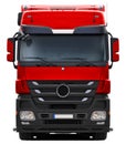 Red Mercedes Actros truck with black plastic bumper.