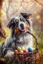 Red merle Australian Shepherd dog with Easter basket illustration created with generative AI