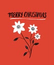 Red Merry Christmas card with hand lettering text and branch of white flowers. Folk art style greeting card design Royalty Free Stock Photo
