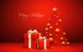 Red Merry Christmas New Year holiday background. Christmas trees with gifts. Traditional celebration winter time holiday card Royalty Free Stock Photo