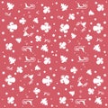 Red Merry Christmas wallpaper with angels, stars and Christmas pattern: white trees, angels, sleighs and stars Royalty Free Stock Photo