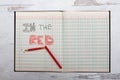 In the red message written in red broken pencil in accounting ledger notebook