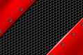 Red metal background with rivet on gray metallic mesh.